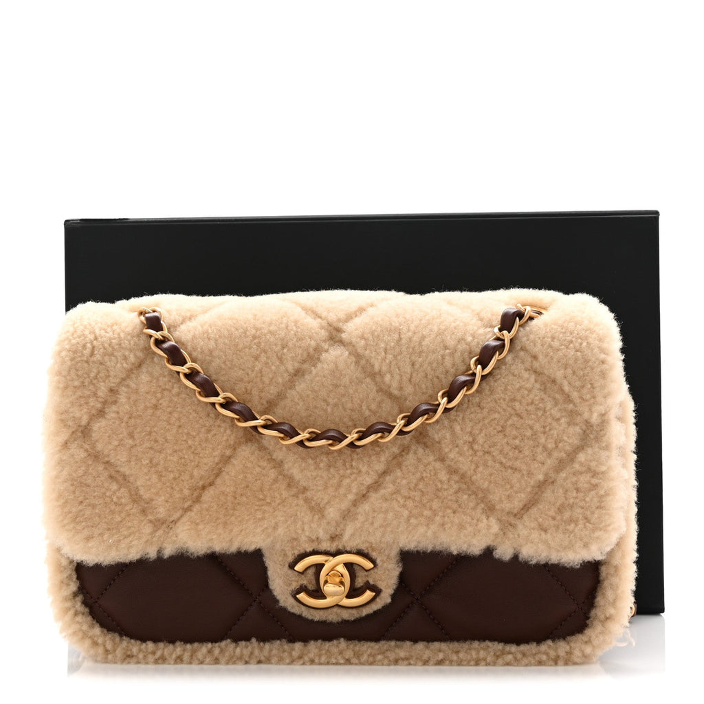 Shearling Lambskin Quilted Furry Coco Flap Beige Dark Brown