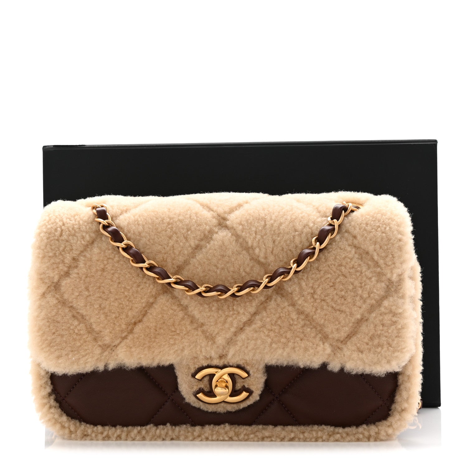 Shearling Lambskin Quilted Furry Coco Flap Beige Dark Brown