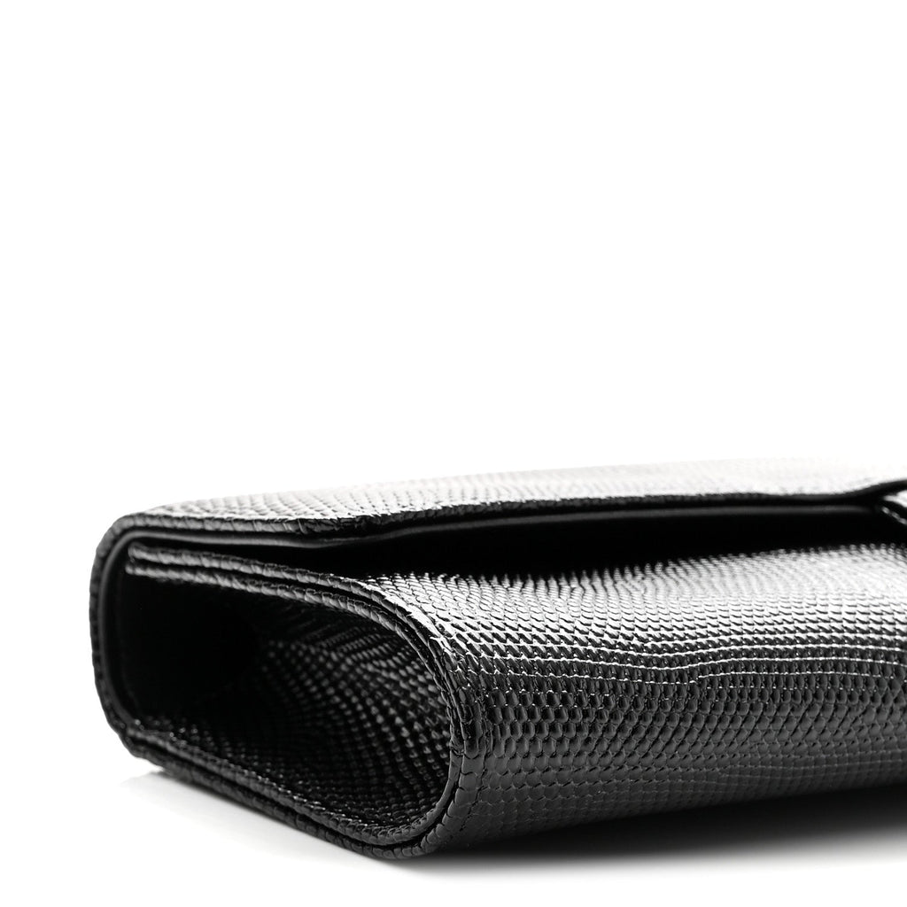Calfskin Lizard Embossed Top Handle Clutch With Chain Black