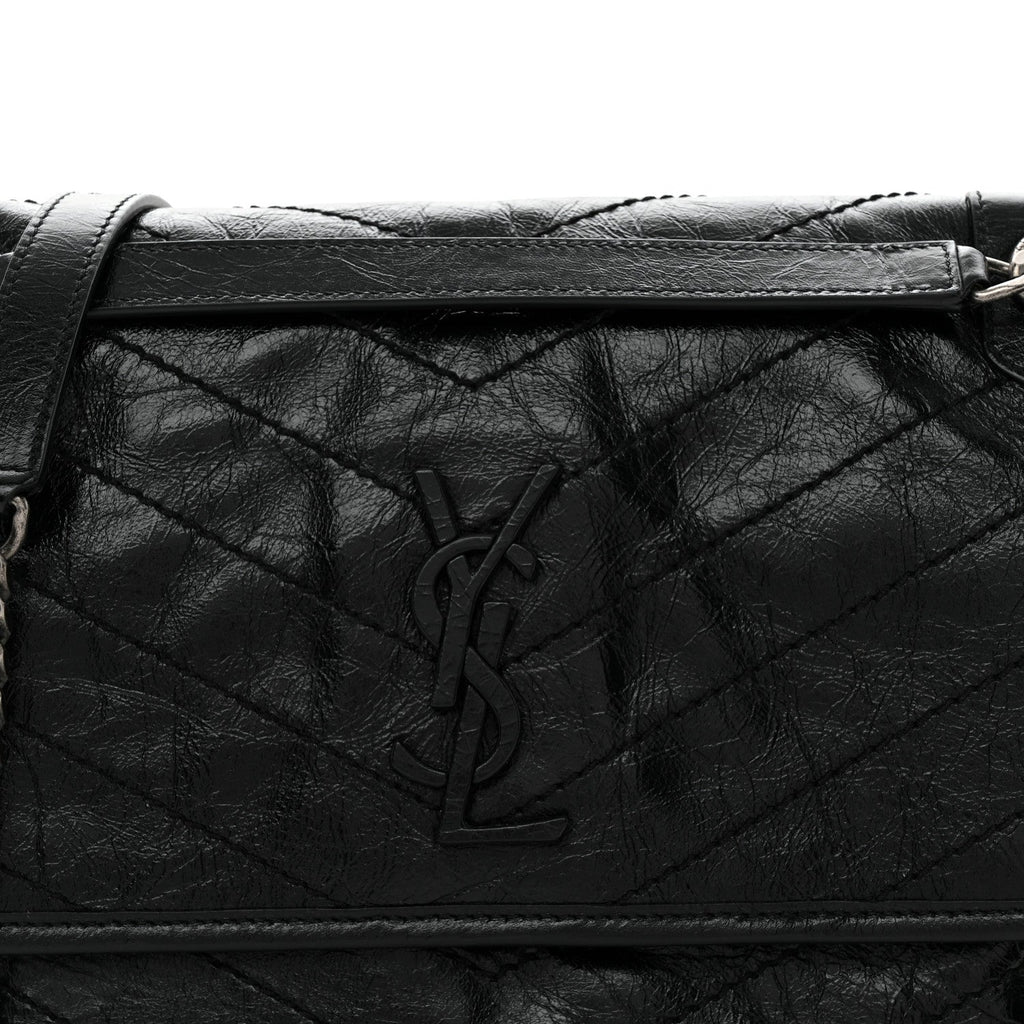 Crinkled Calfskin Matelasse Monogram Medium Niki Chain Satchel Black