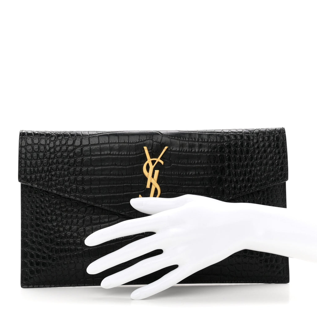 Calfskin Crocodile Embossed Uptown Monogram Pouch Black