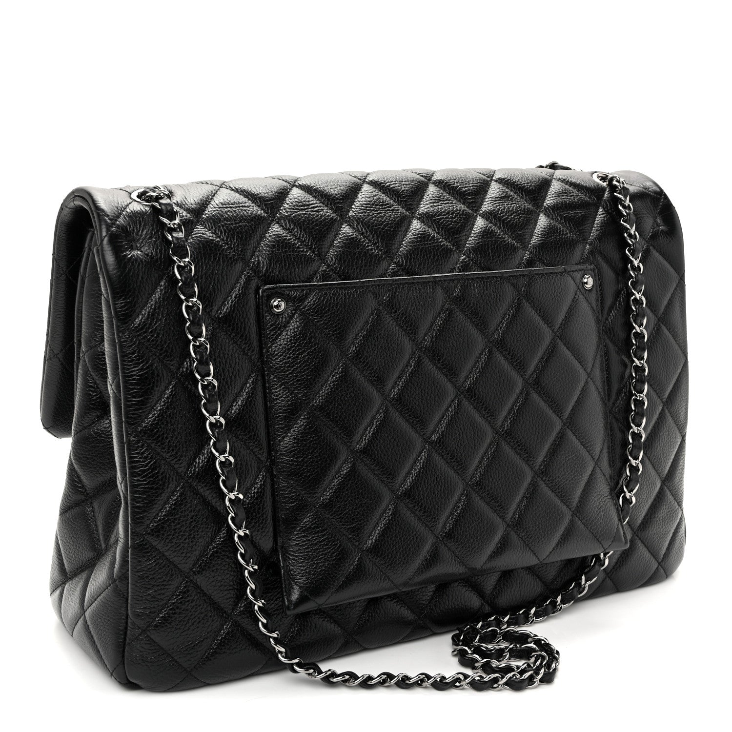 Grained Calfskin Quilted XXL Travel Flap Bag Black