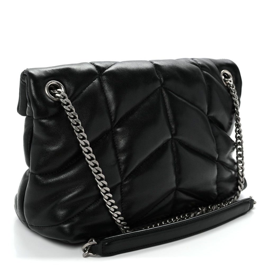 Lambskin Quilted Small Loulou Puffer Monogram Chain Satchel Black