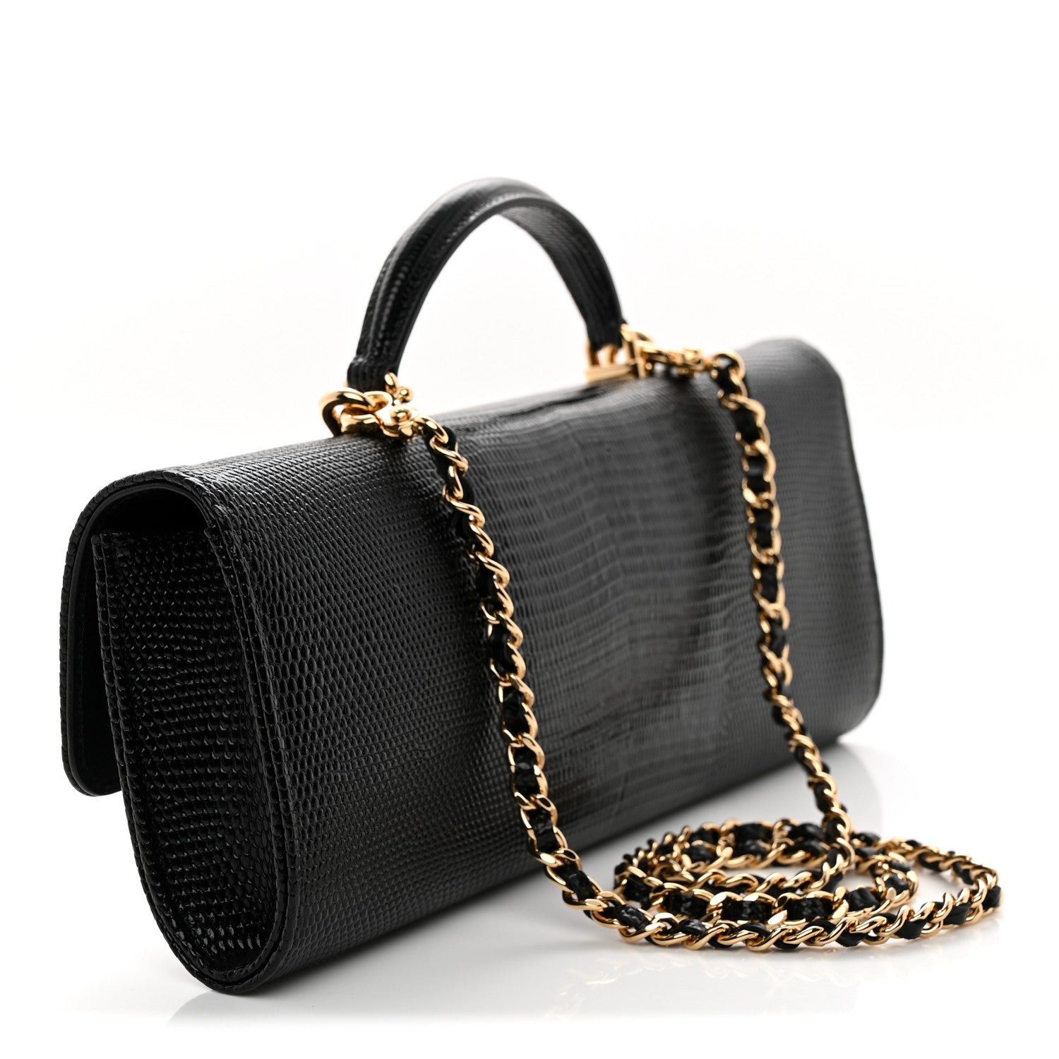 Lizard Calfskin Embossed Clutch With Chain Black