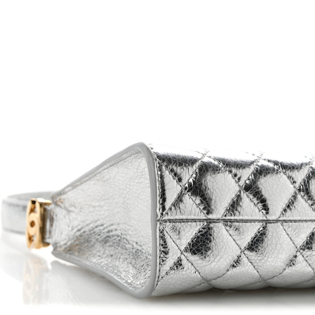 Metallic Crackled Calfskin Quilted Hobo Silver