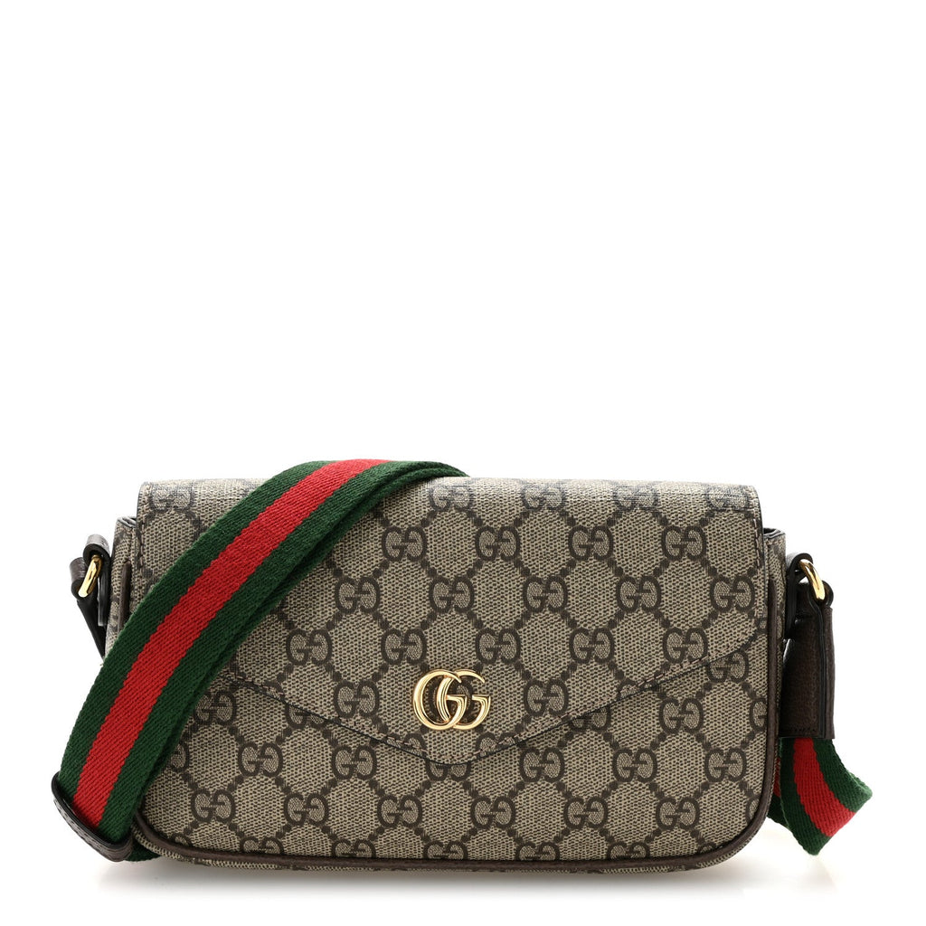 GG Supreme Monogram Textured Dollar Calfskin Web Mini Ophidia Envelope Shoulder Bag Beige Ebony New Acero