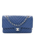 Caviar Chevron Quilted Medium Double Flap Blue