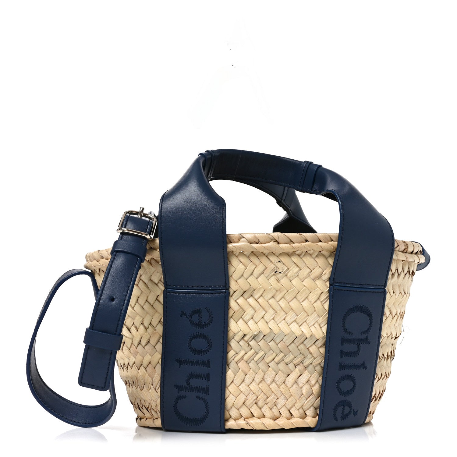 Raffia Smooth Calfskin Small Sense Basket Night Blue