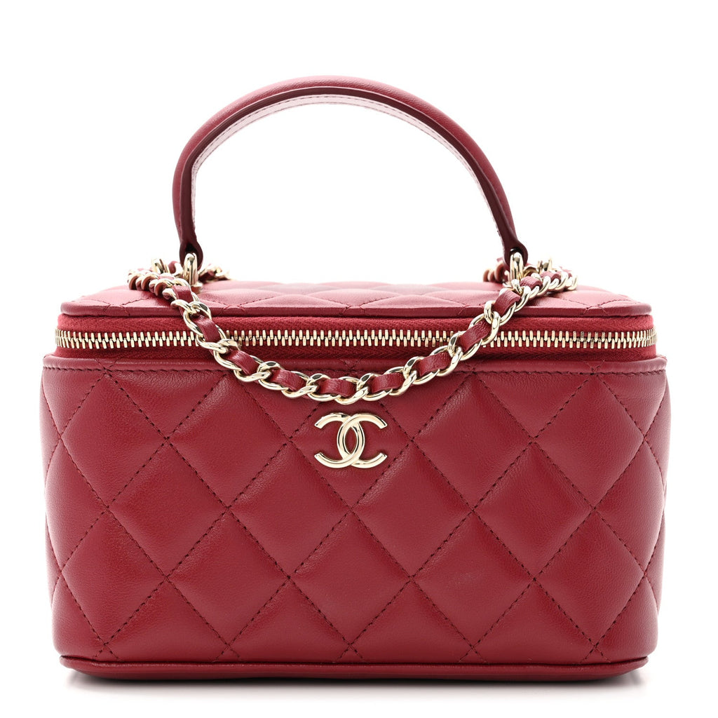 Lambskin Quilted Small Top Handle Vanity Case With Chain Burgundy