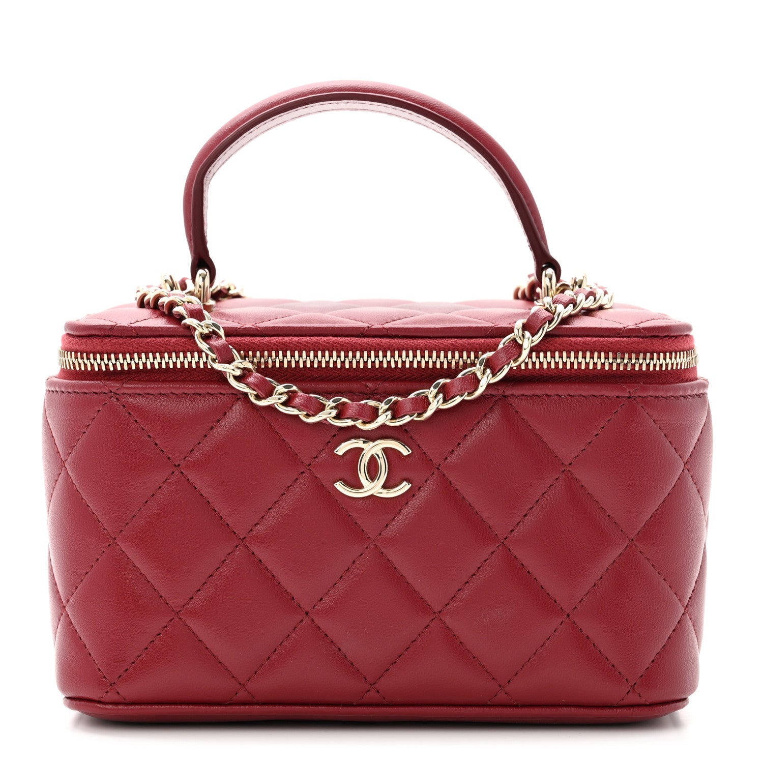 Lambskin Quilted Small Top Handle Vanity Case With Chain Burgundy