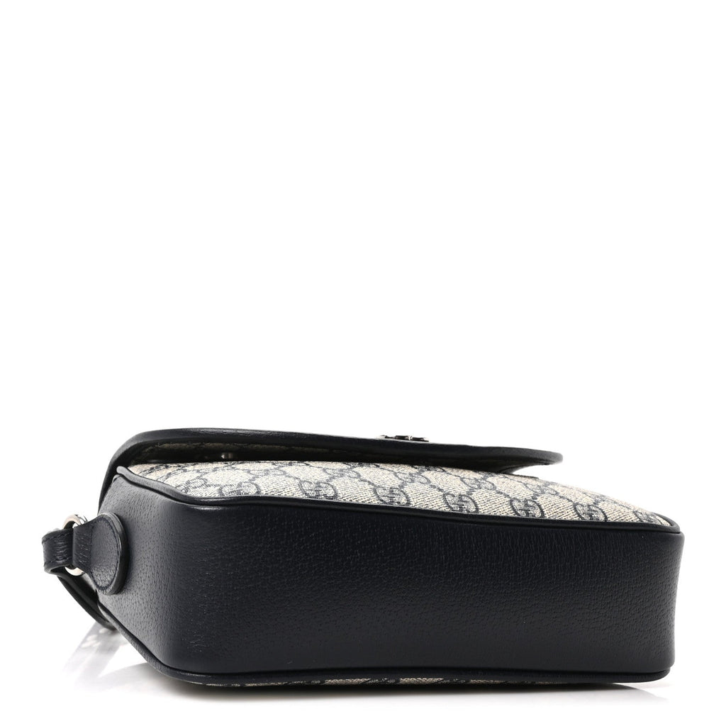 GG Supreme Monogram Textured Dollar Calfskin Web Studded Mini Ophidia Flap Shoulder Bag Beige Blue