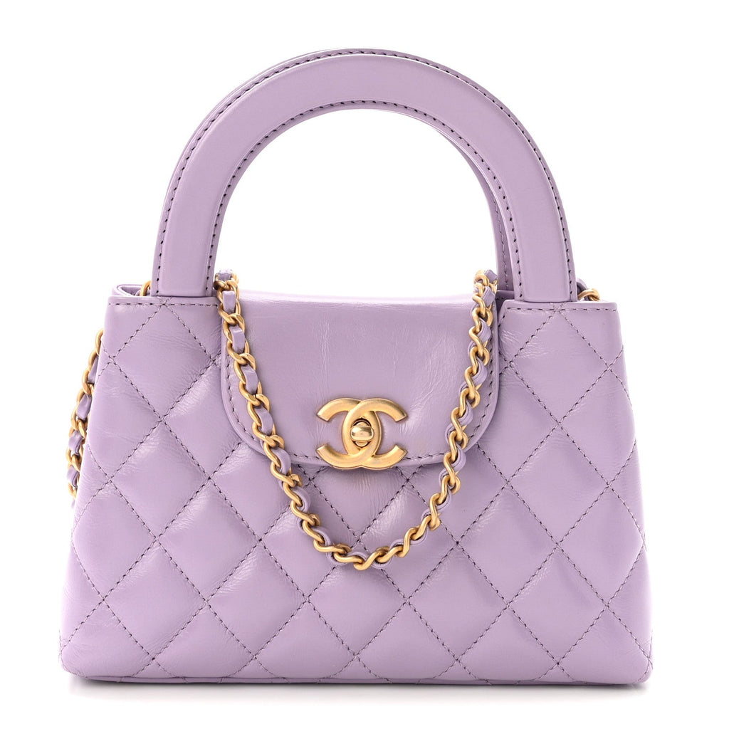 Shiny Aged Calfskin Quilted Nano Kelly Shopper Lilac
