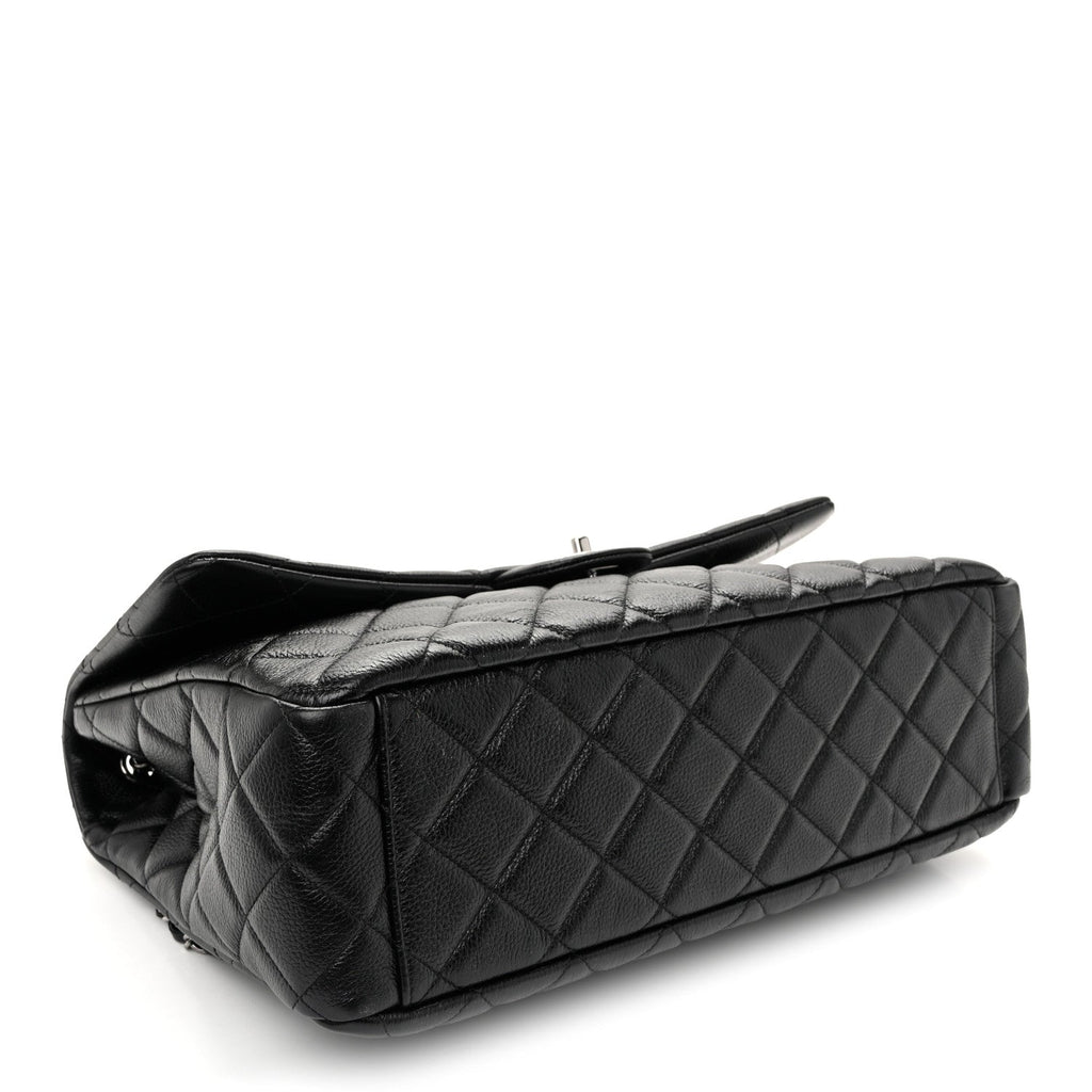 Grained Calfskin Quilted XXL Travel Flap Bag Black