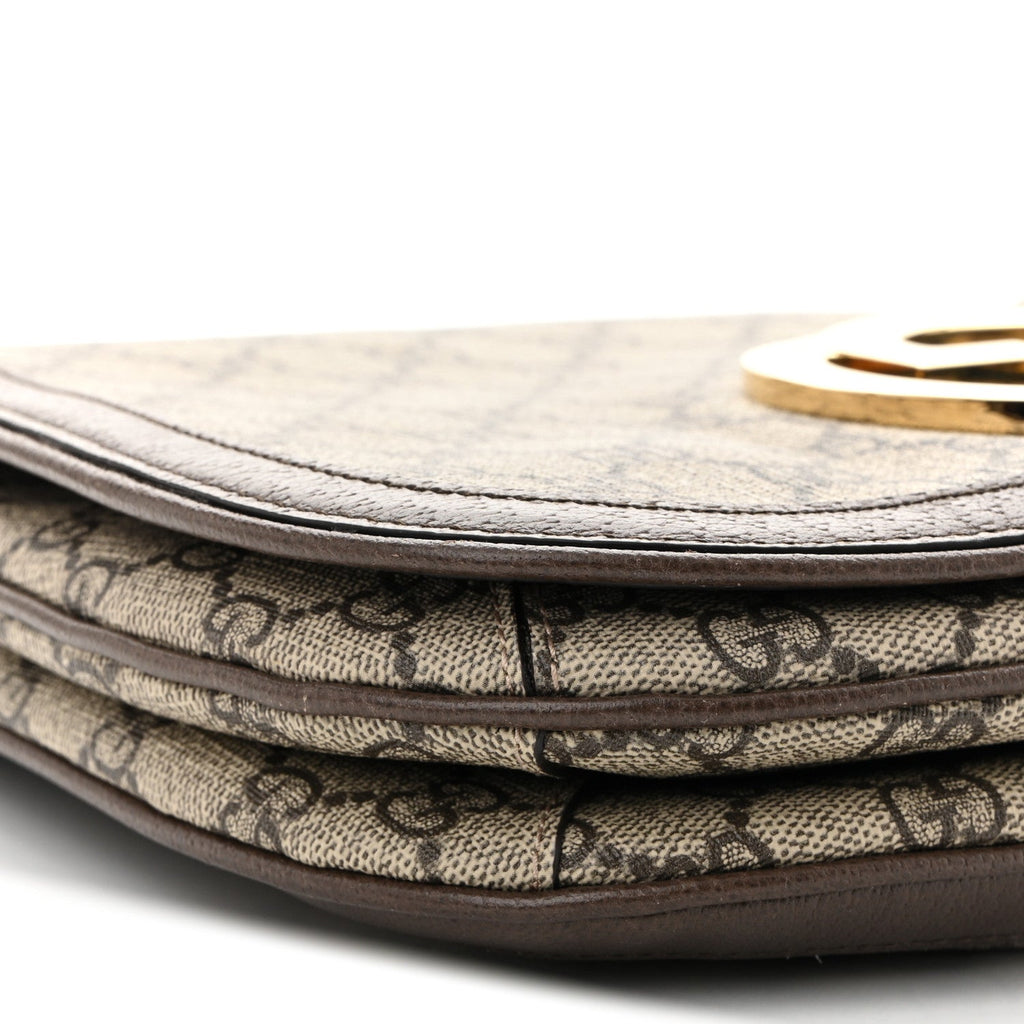 GG Supreme Monogram Textured Dollar Calfskin Web Medium Blondie Top Handle Shoulder Flap Bag Beige Ebony New Acero