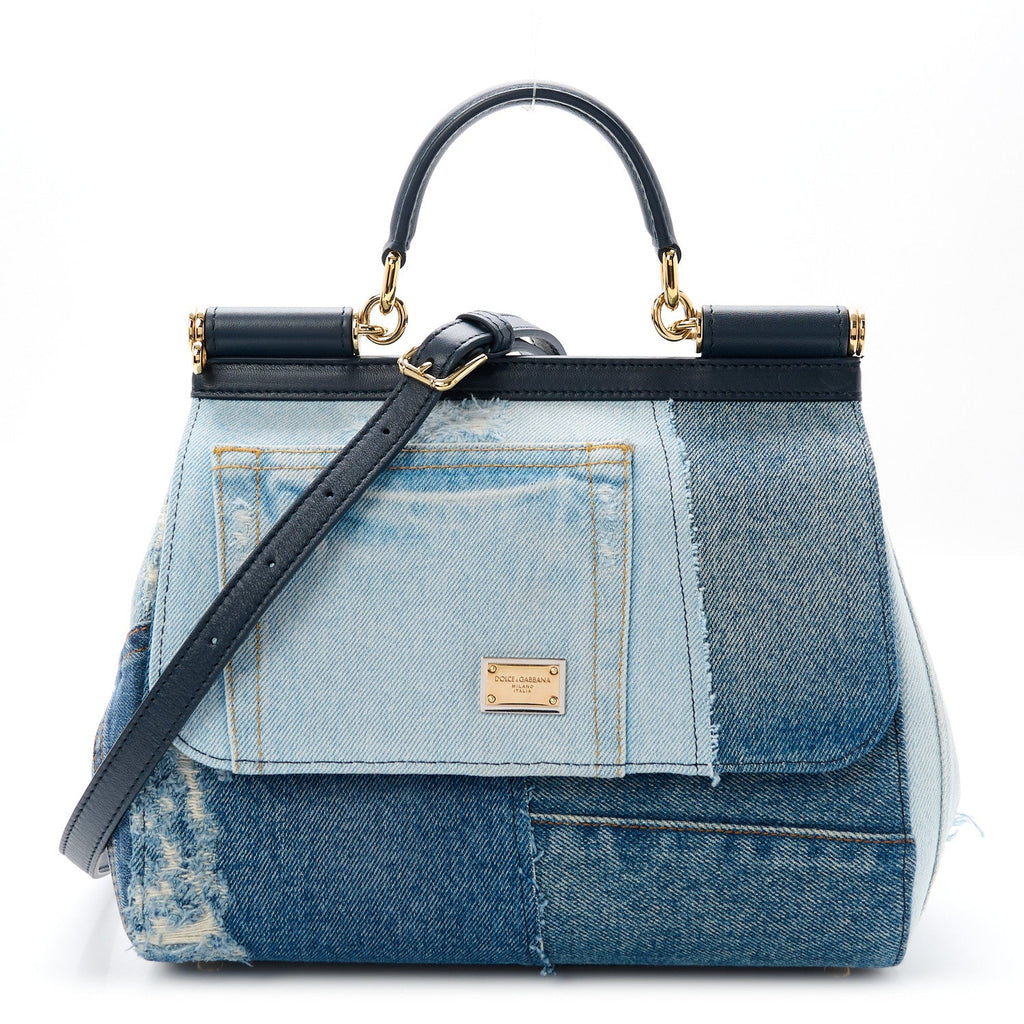 Calfskin Denim Patchwork Medium Miss Sicily Satchel Blue