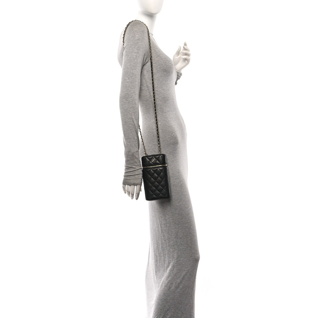 Caviar Quilted Phone Holder With Chain Black