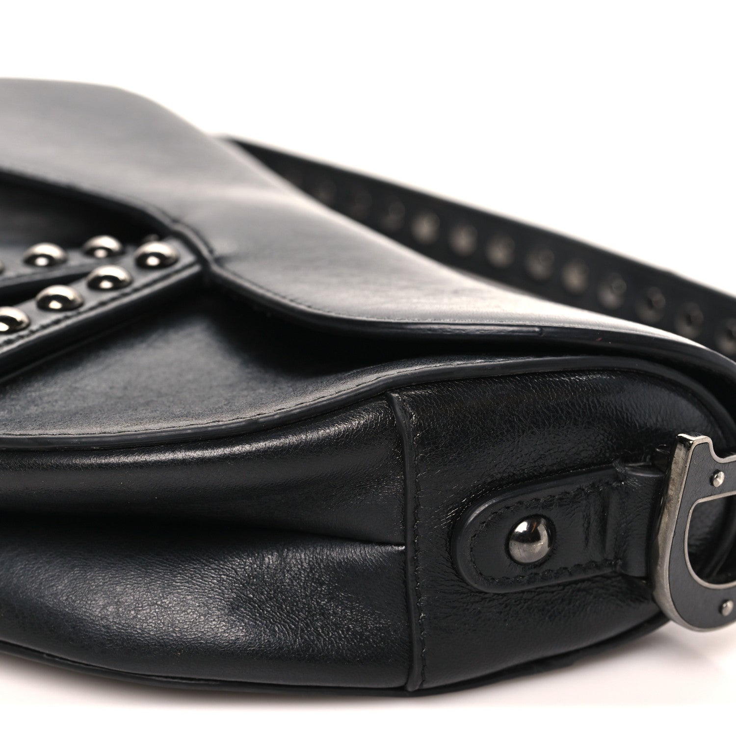 Shiny Crinkled Calfskin Studded Saddle Bag Black