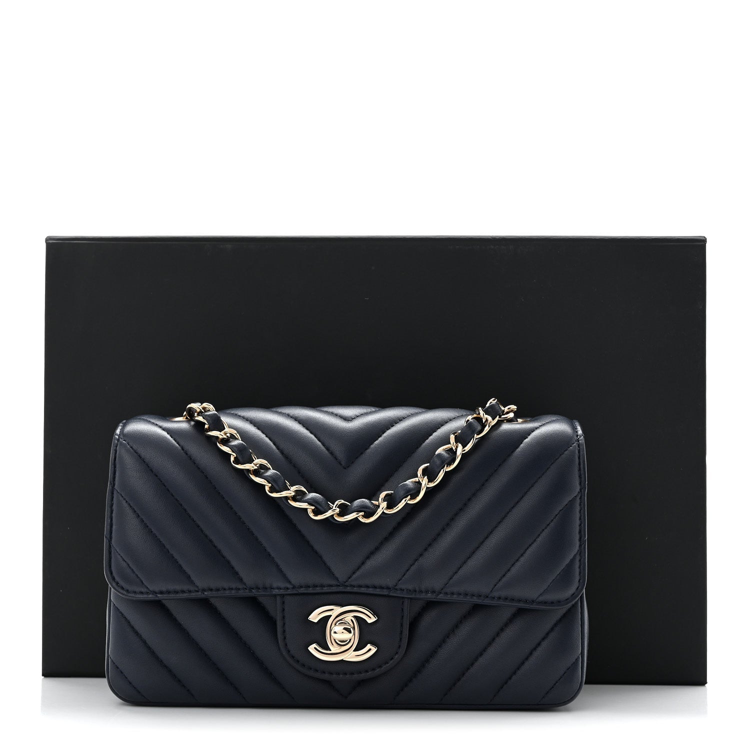 Lambskin Chevron Quilted Mini Rectangular Flap Navy