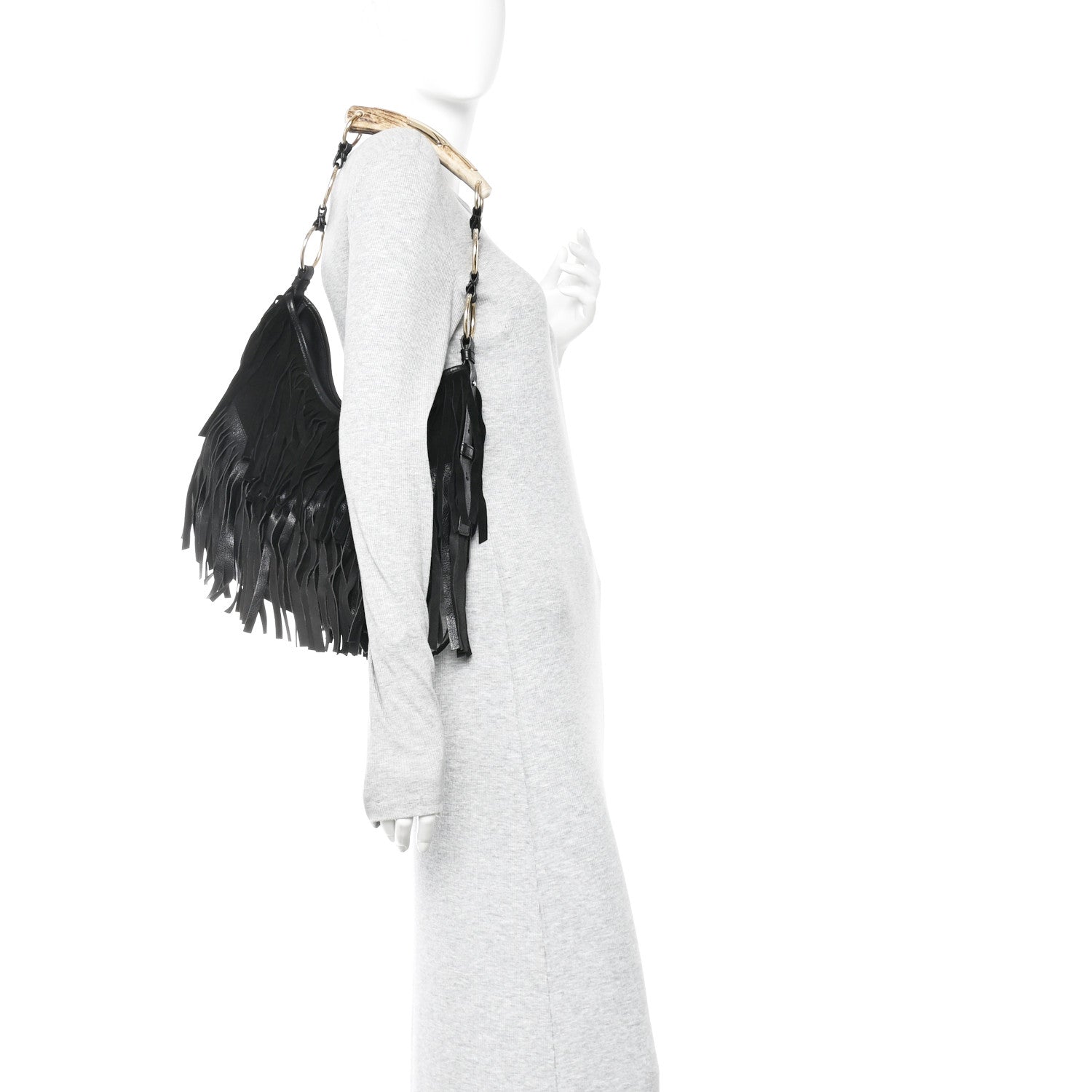 Suede Calfskin Fringe Buffalo Horn Mombasa Hobo Black