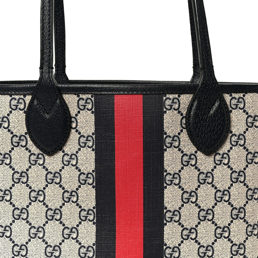 GG Supreme Monogram Textured Dollar Calfskin Web Small Ophidia Tote Beige Blue