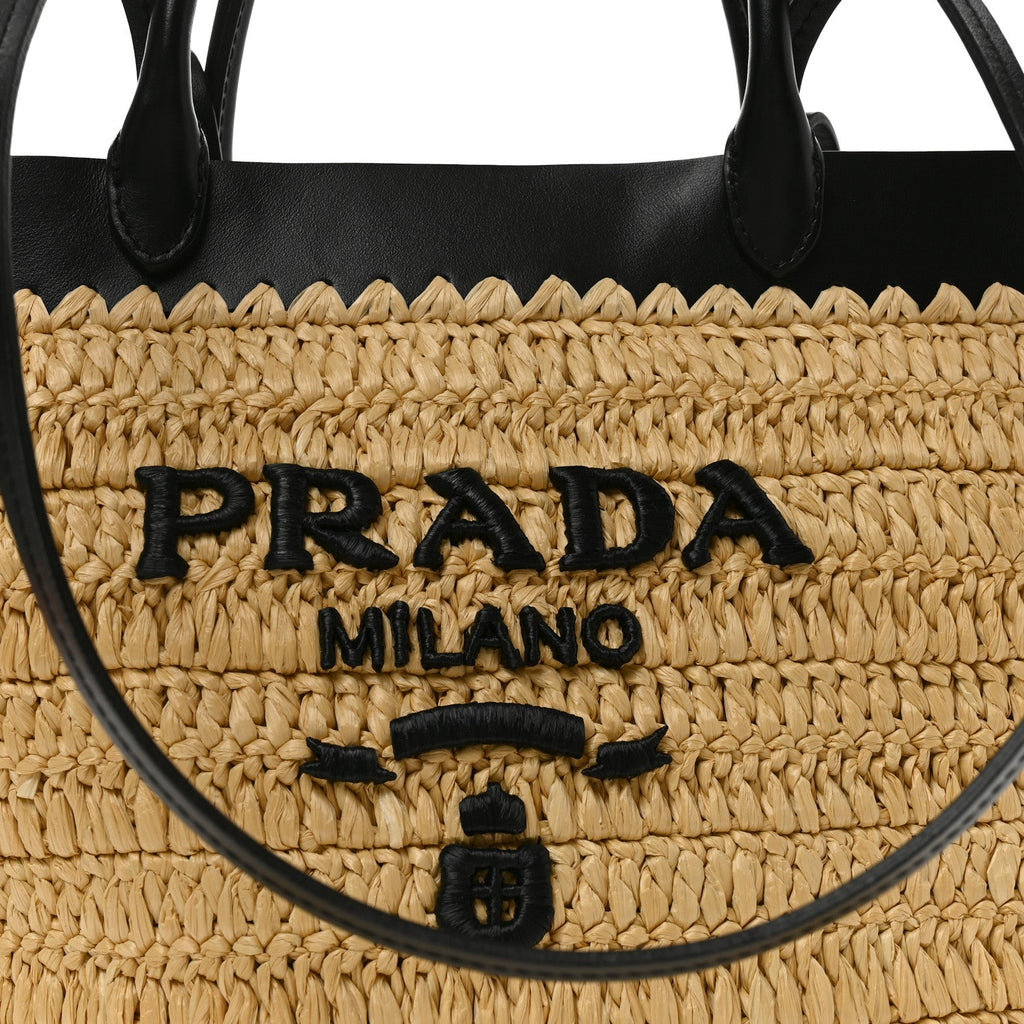 Yarn Raffia Effect Calfskin Crochet Embroidered Medium Logo Tote Tan Black