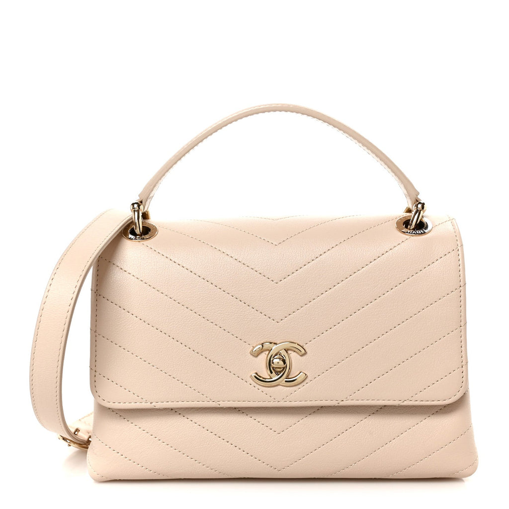 Grained Calfskin Stitched Small Chevron Chic Top Handle Flap Beige