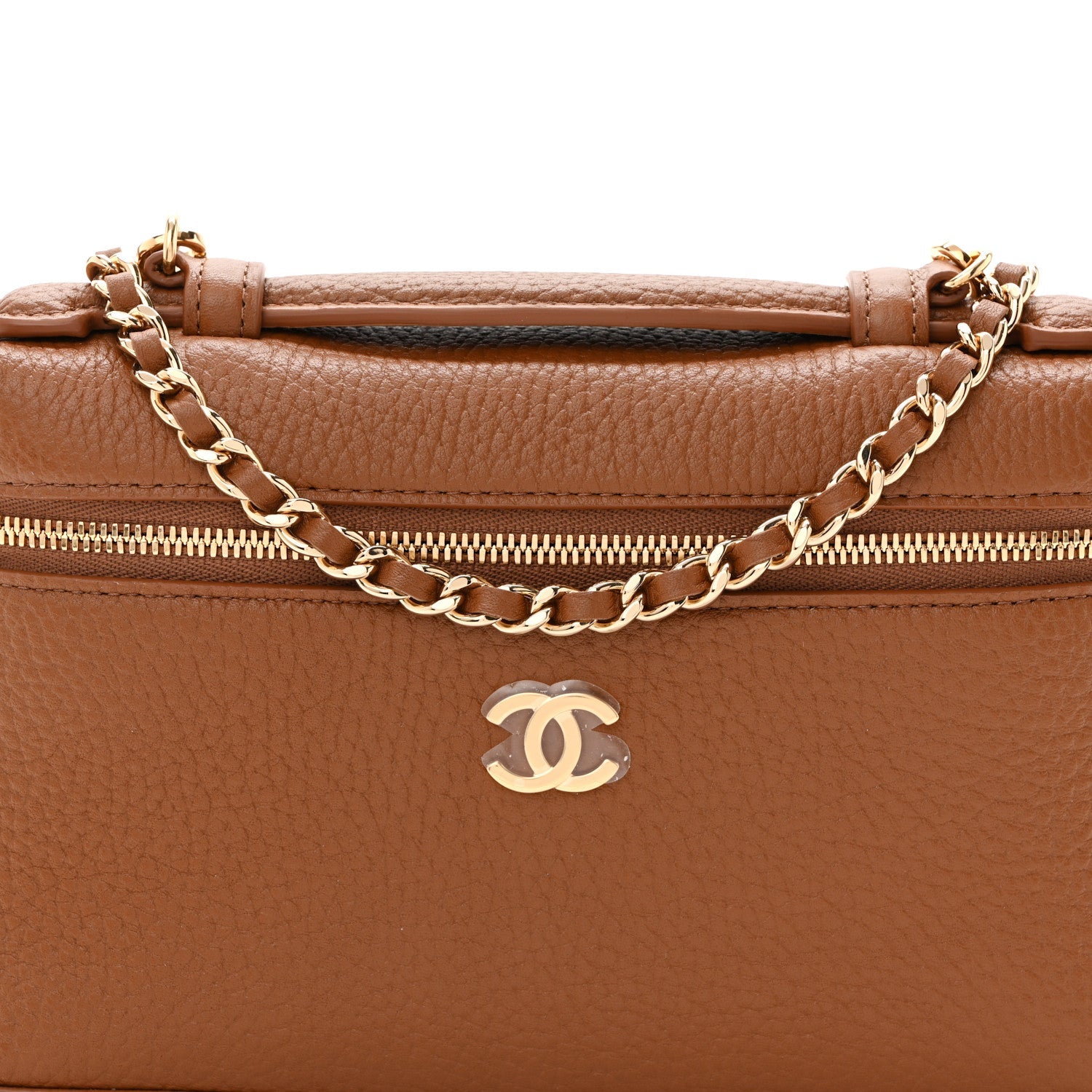 Grained Calfskin Top Handle Slim Vanity Case With Chain Camel