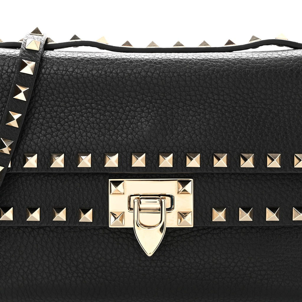 Pebbled Calfskin Rockstud Double Flap Crossbody Bag Black