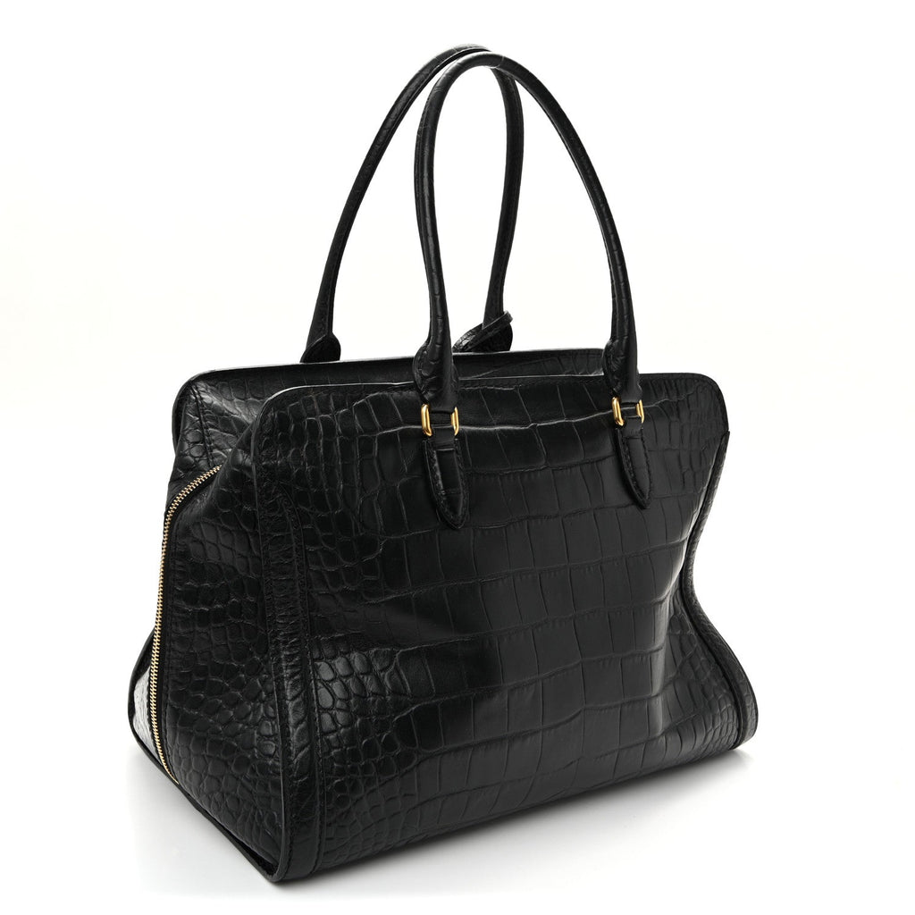 Calfskin Crocodile Embossed Large Skull Padlock Zip Around Tote Black