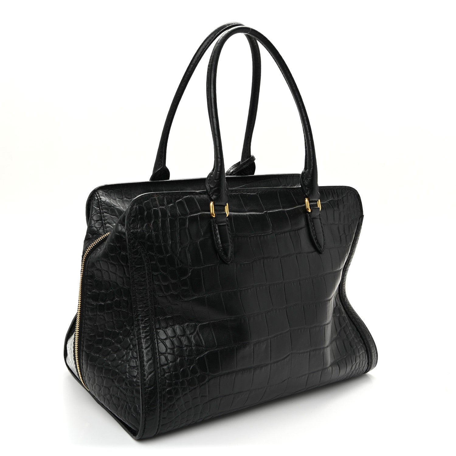 Calfskin Crocodile Embossed Large Skull Padlock Zip Around Tote Black