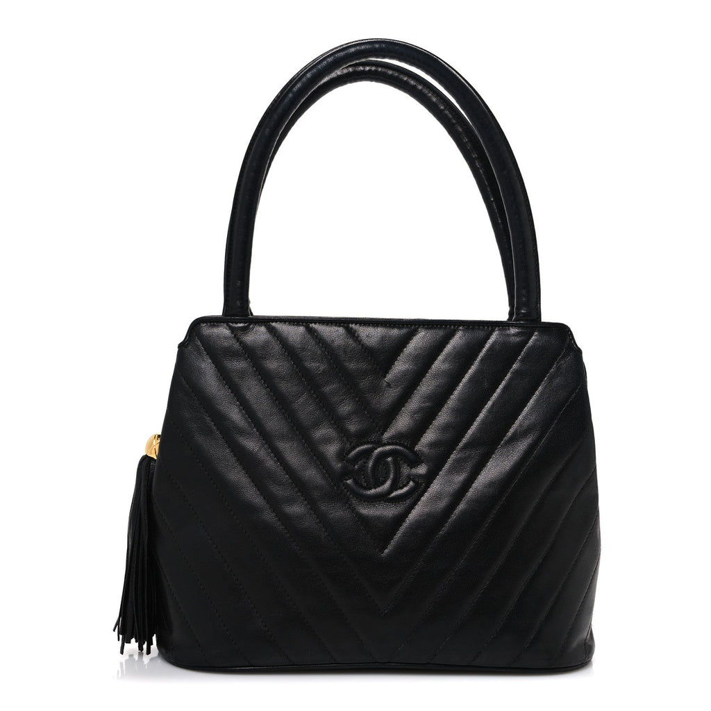Lambskin Chevron Quilted Top Handle Tote Bag Black