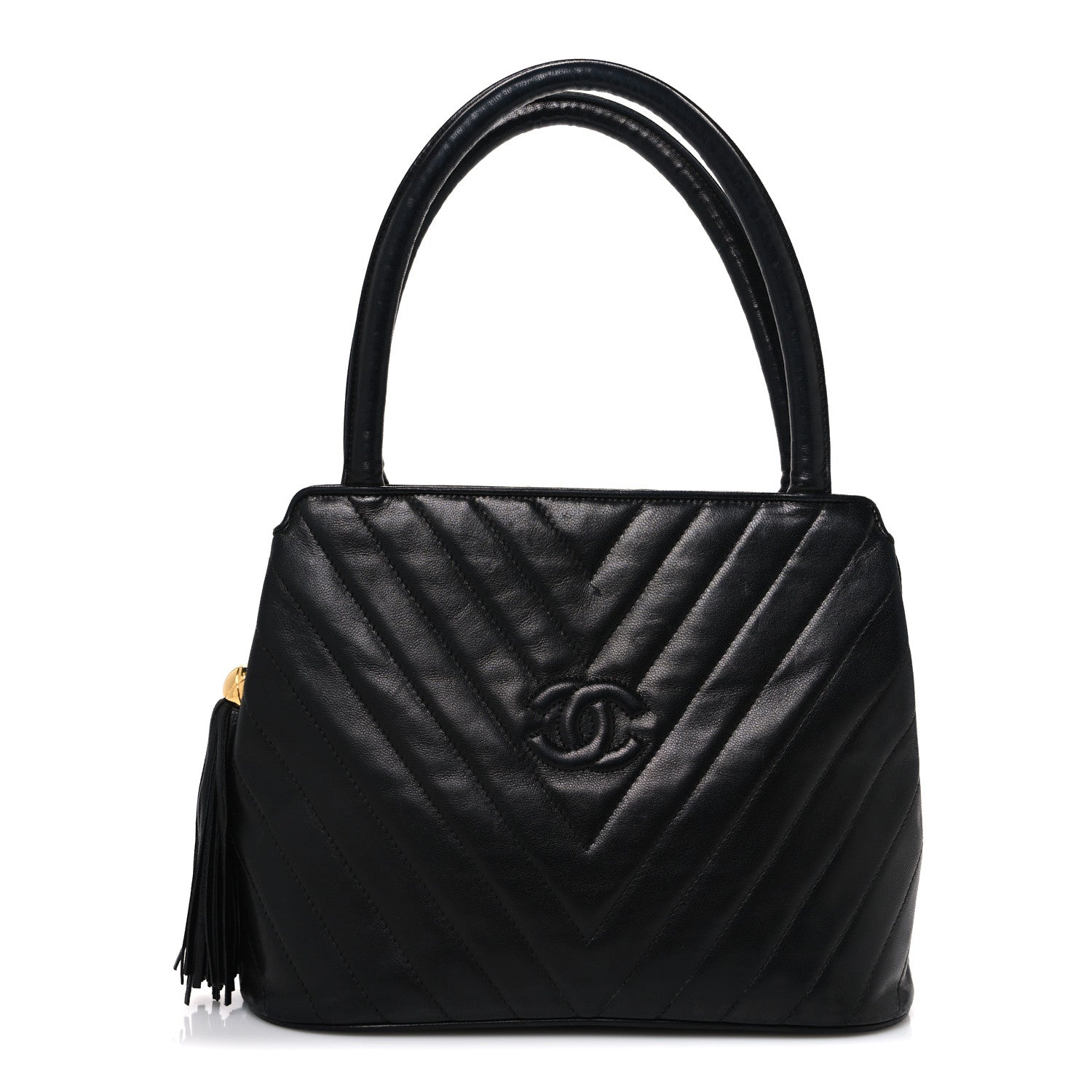 Lambskin Chevron Quilted Top Handle Tote Bag Black