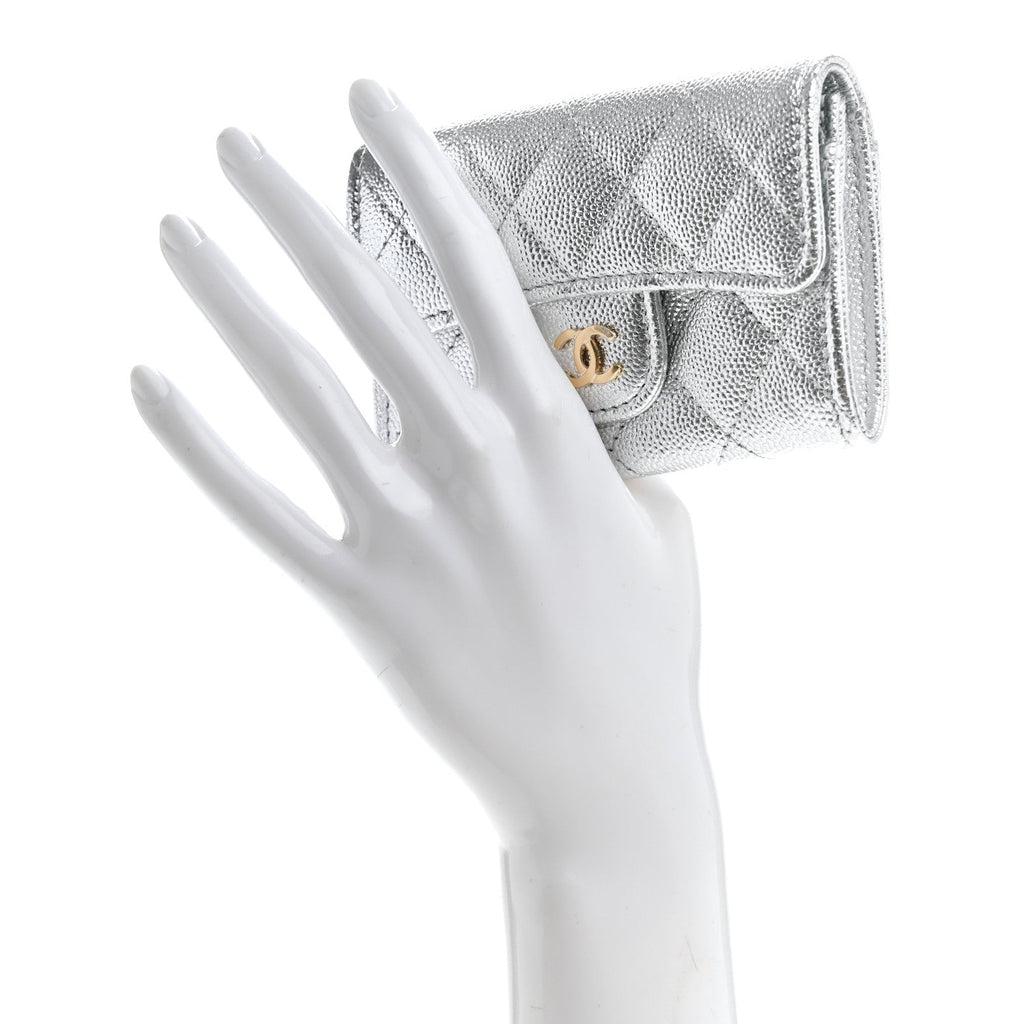 Metallic Caviar Quilted Flap Card Holder Wallet Silvery