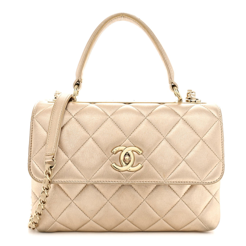 Metallic Lambskin Quilted Small Trendy CC Flap Dual Handle Bag Gold