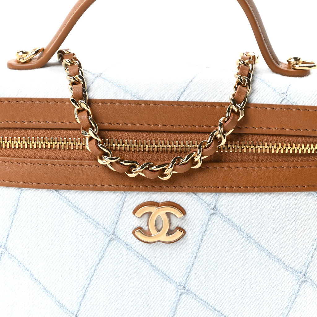 Washed Denim Calfskin Quilted Top Handle Slim Vanity Case With Chain Blue Brown