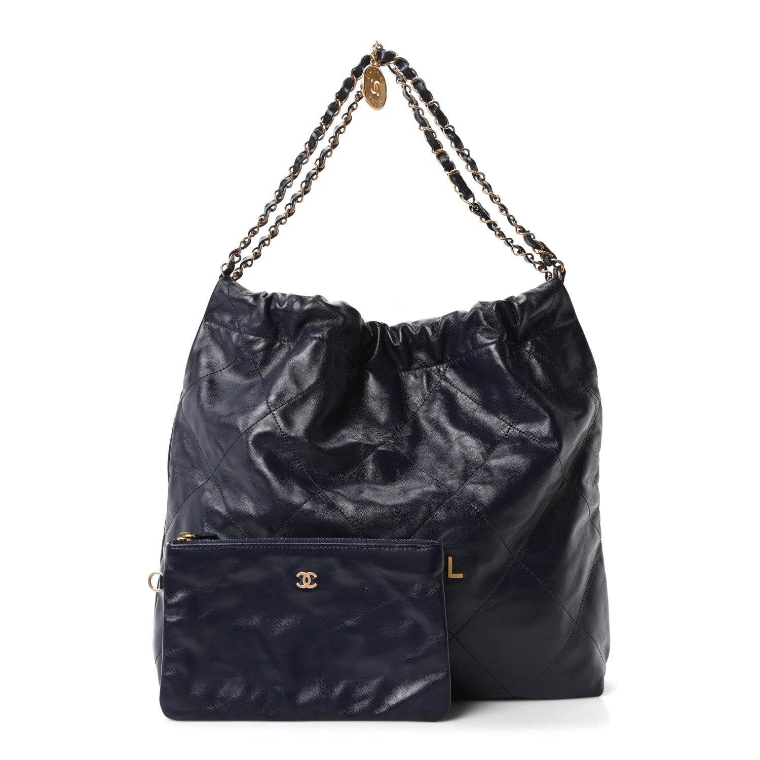 Shiny Calfskin Quilted Chanel 22 Navy Blue