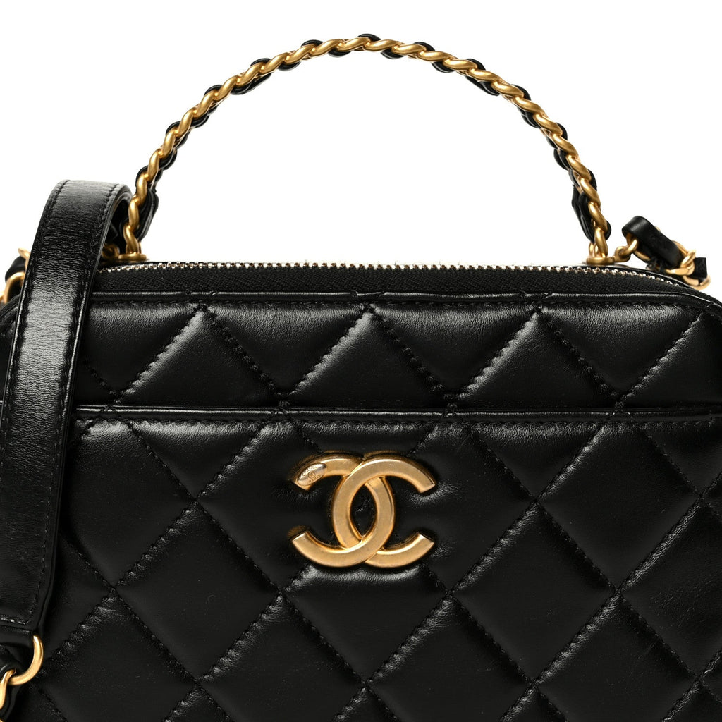 Shiny Calfskin Quilted Top Handle Vanity Black