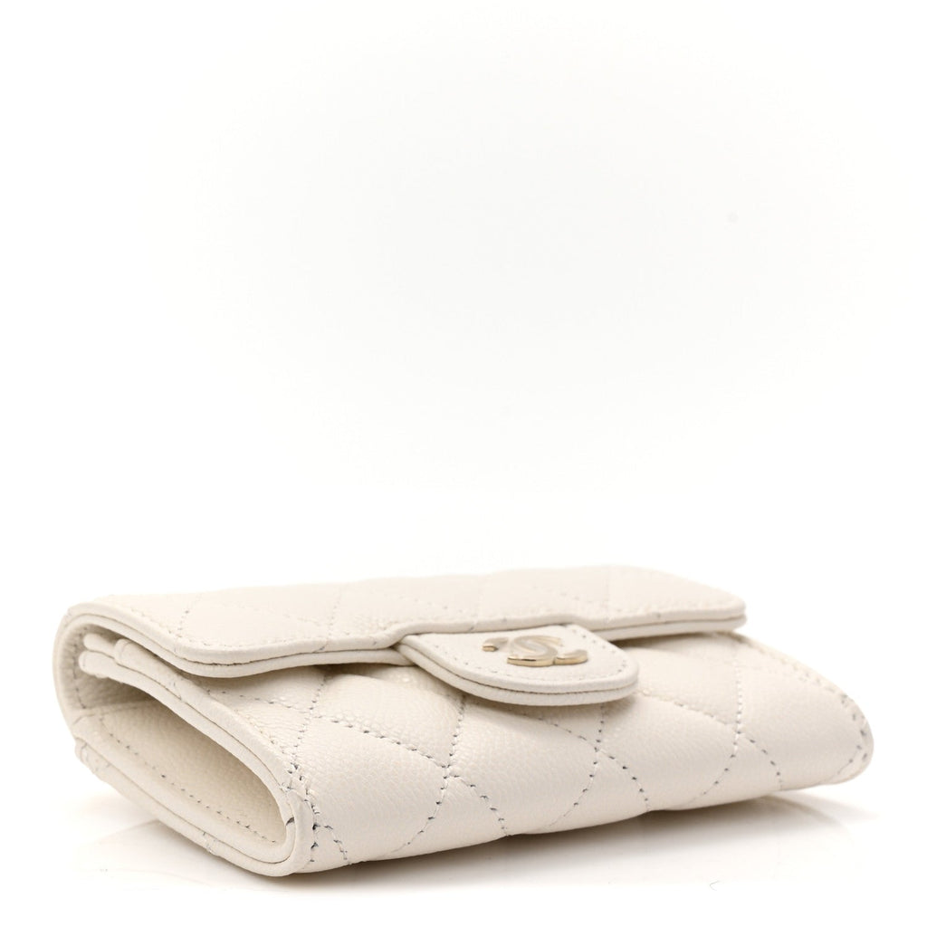 Caviar Quilted Flap Card Holder Wallet White