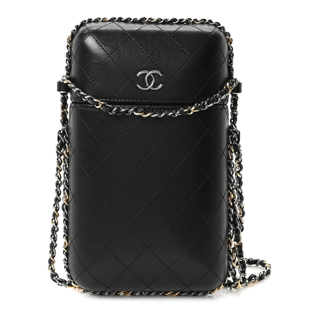 Lambskin Quilted Chain Around Phone Holder Black