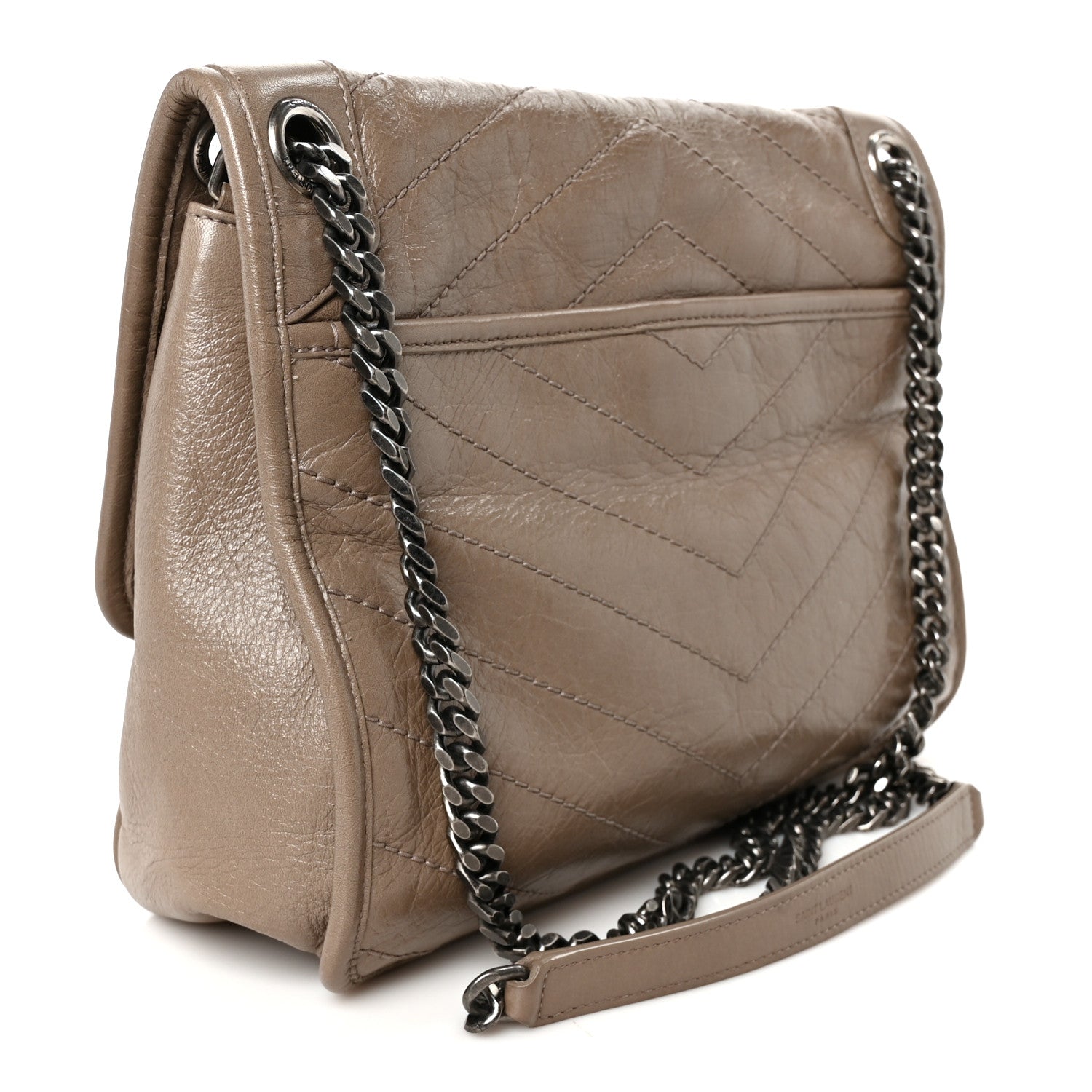 Crinkled Calfskin Matelasse Monogram Medium Niki Chain Satchel Greyish Brown
