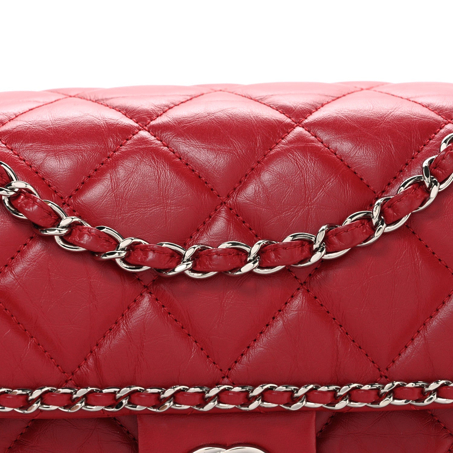 Crumpled Calfskin Medium Chain All Over Flap Red
