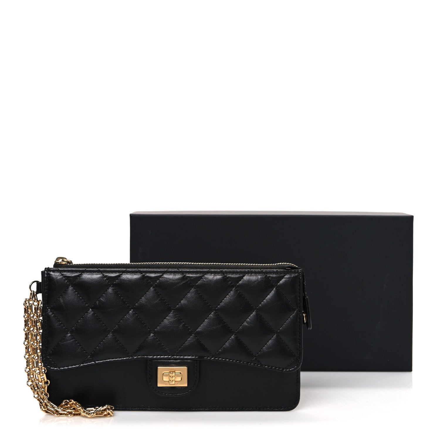 Aged Calfskin Quilted 2.55 Reissue Pouch With Chain Handle Black