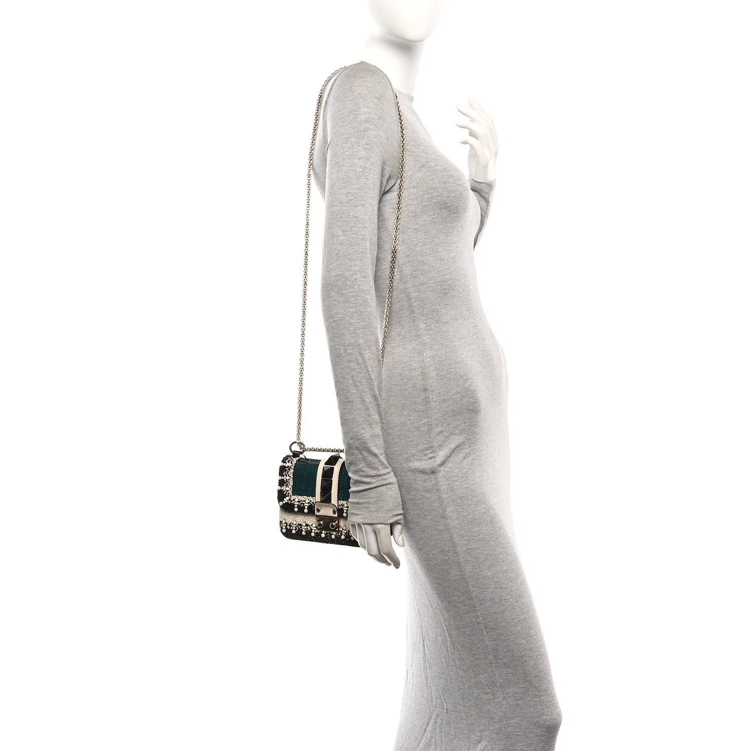Vitello Beaded Mini Glam Lock Rockstud Flap Black Ivory Green