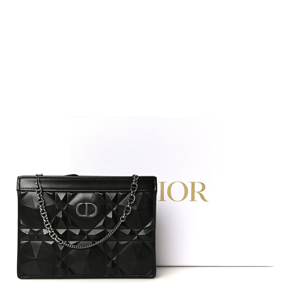 Calfskin Macrocannage Diamond Caro Zipped Pouch With Chain Black