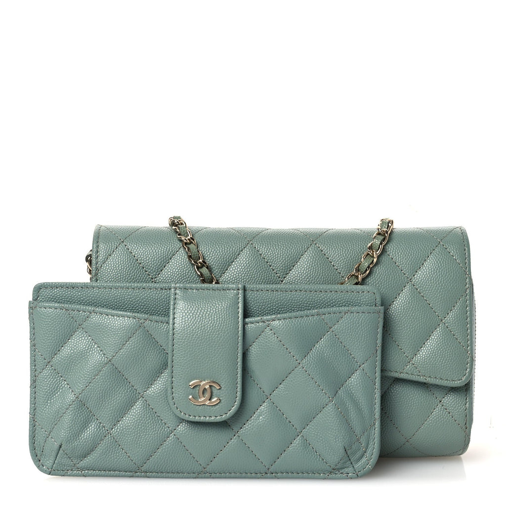 Caviar Quilted Phone Holder Wallet on Removable Chain Light Blue