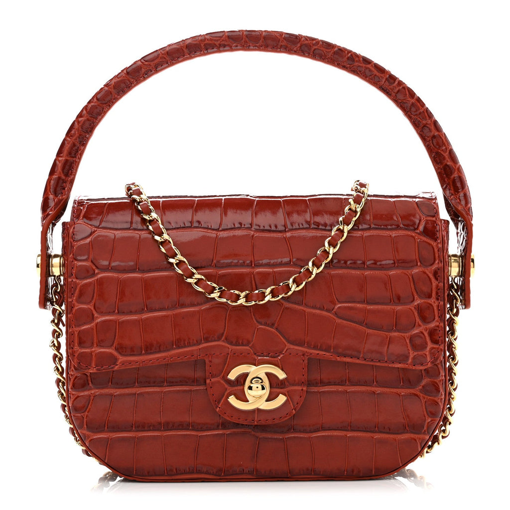 Calfskin Crocodile Embossed Turn Around Mini Flap Grey Burgundy
