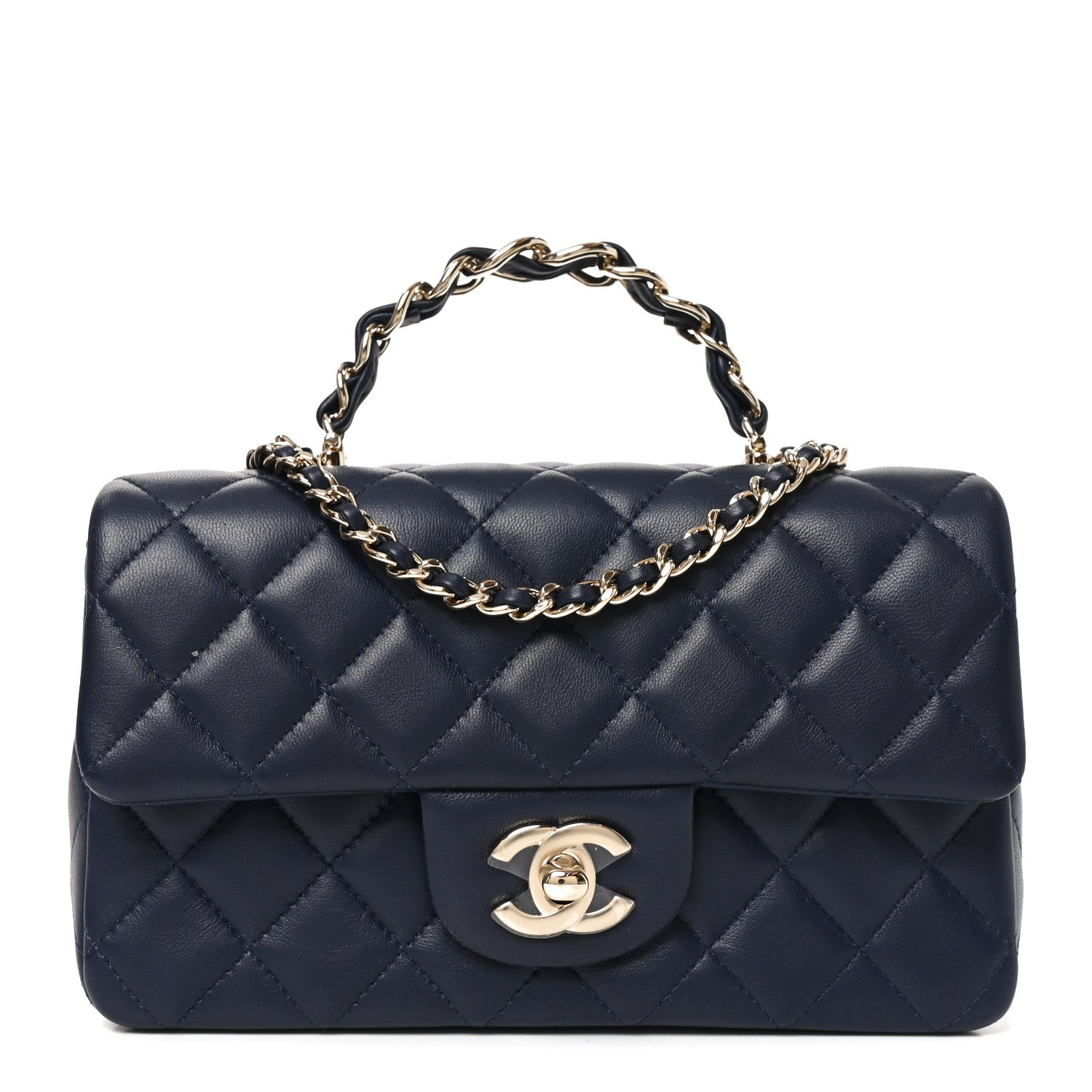 Lambskin Quilted Mini Chain Top Handle Rectangular Flap Navy