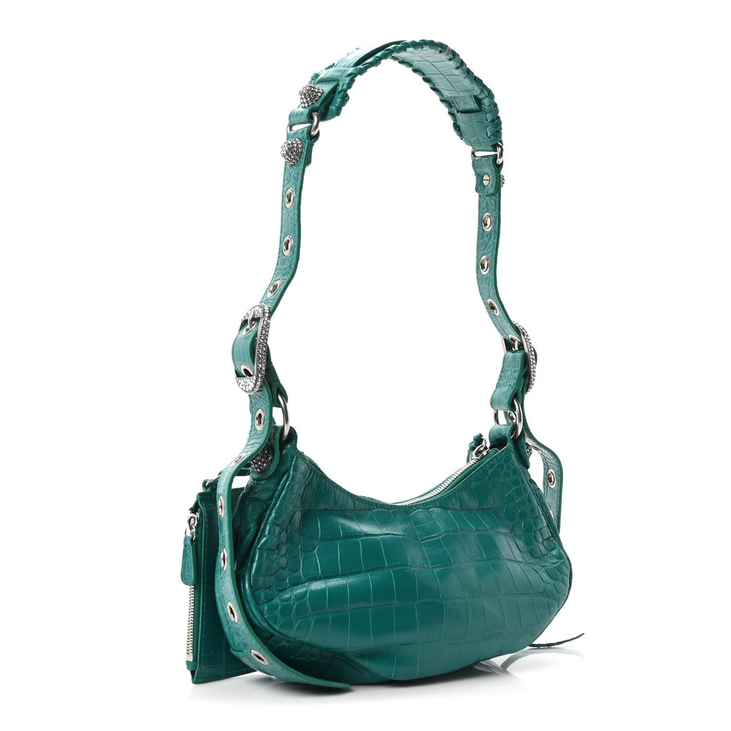 Extra Supple Calfskin Crystal Crocodile Embossed Le Cagole Shoulder Bag XS Jade