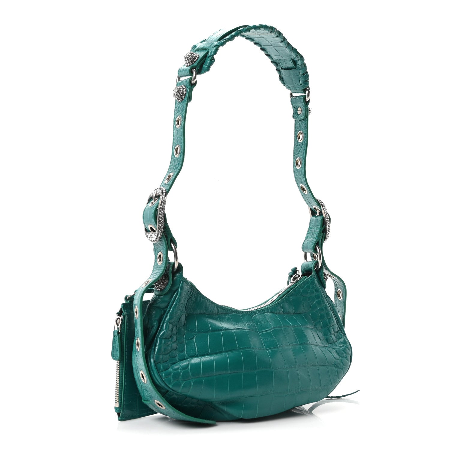 Extra Supple Calfskin Crystal Crocodile Embossed Le Cagole Shoulder Bag XS Jade