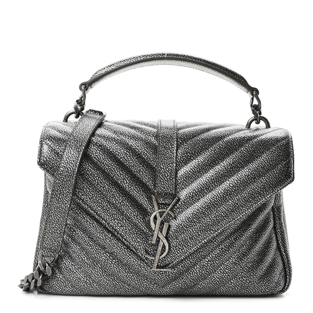 Metallic Grain De Poudre Matelasse Chevron Monogram Medium College Bag Gunmetal